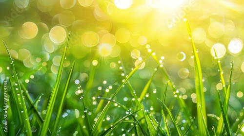 Close-up view of vibrant green grass blades covered in glistening dewdrops.