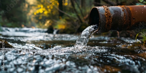 A rusty pipe releases water into a flowing stream, adding to the current of the water.