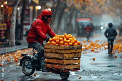 An unrecognizable rider in a red jacket transports a heap of oranges on a bicycle, merging work with urban exploration on a foggy day photo
