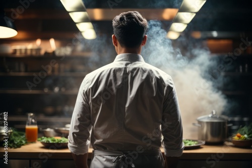 back view of male chef standing in restaurant kitchen to prepare to cook