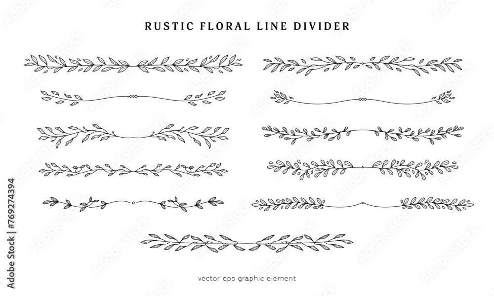 rustic floral line divider vector collection for page layout separator, rustic leaf branch line divider