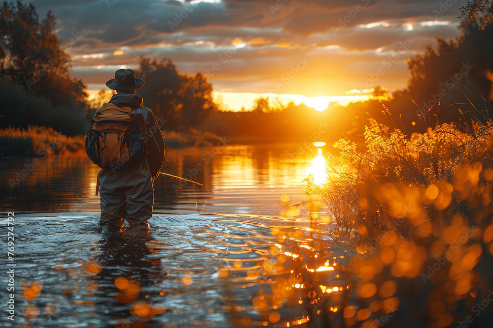 Fototapeta premium A tranquil depiction of a person fishing in a calm river illuminated by the golden light of the setting sun