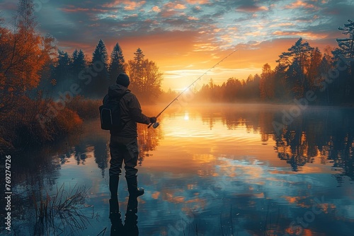 A lone fisherman stands in a tranquil lake, fishing rod in hand, as the sun rises, casting a warm glow photo