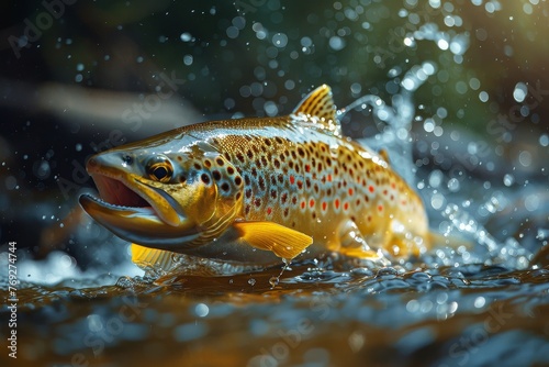 Vibrant image of a golden trout jumping out of water with droplets glistening in the sunlight, showcasing the vigor of wildlife