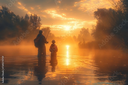 Golden sunrise over a misty river with an adult and child bonding over fishing