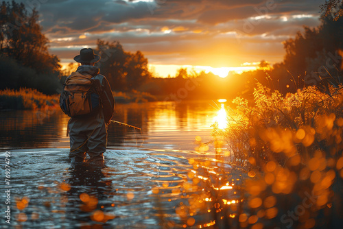 A tranquil depiction of a person fishing in a calm river illuminated by the golden light of the setting sun
