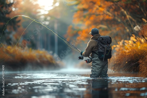 An intimate view of an angler casting in a river surrounded by autumn foliage, depicting the quietude of nature activities