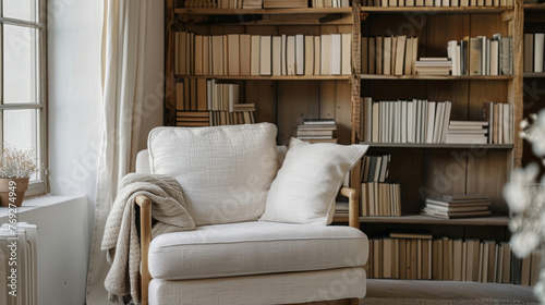 A cozy reading nook complete with a linenupholstered armchair and a minimalist wooden bookshelf creating a harmonious balance between . . © Justlight