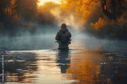 As amber light filters through fog, a solitary figure fishes in the calm river waters during a quiet dawn