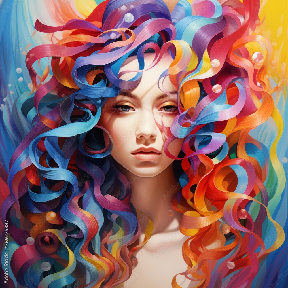 Fototapeta premium Abstract modern art collage of woman portrait made of colorful paper. Paper cut woman profile. Beauty, fine art, fashion concept. Generative AI.