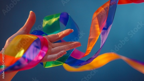 A rhythmic gymnasts colorful ribbon spirals around their hand adding a dynamic element to their performance.