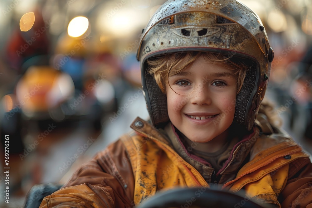 Child with a joyful expression wearing a muddy racing helmet in a go-kart Child with a joyful expression wearing a muddy racing helmet in a go-kart