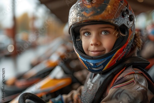 Young karting enthusiast in helmet sitting in a go-kart, ready for the race © LifeMedia