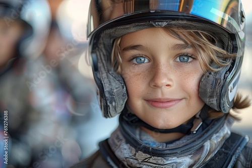 A cheerful boy with a helmet smiles warmly at a karting event, displaying blue eyes and a joyful expression © LifeMedia