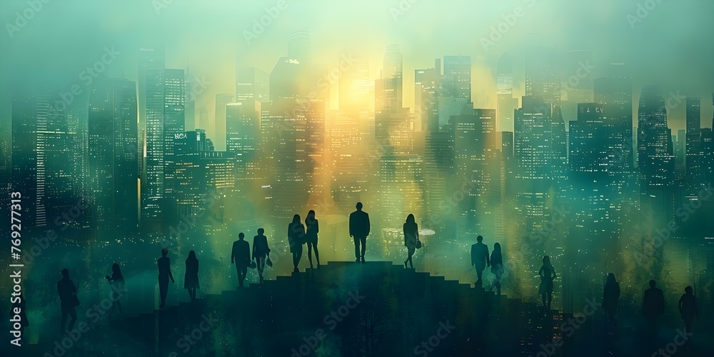 Cityscape with anonymous business people climbing stairs symbolizing career growth skill improvement and salary increase. Concept Cityscape, Business People, Stairs, Career Growth, Skill Improvement