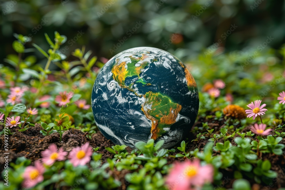 This detailed image shows a colorful globe model amidst small pink flowers symbolizing a blooming, healthy planet This detailed image shows a colorful globe model amidst small pink flowers symbolizing a blooming, healthy planet