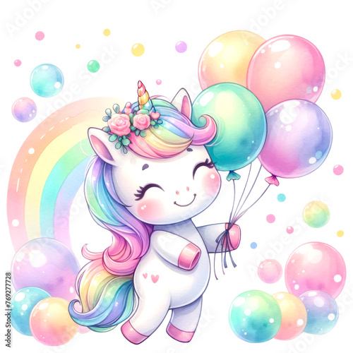 Whimsical Rainbow Unicorn Clipart Collection, A colorful collection of illustrated rainbow unicorns in various poses with party accessories, perfect for birthday themes and children's decor, 
