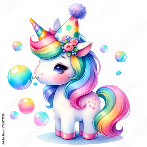 Whimsical Rainbow Unicorn Clipart Collection, A colorful collection of illustrated rainbow unicorns in various poses with party accessories, perfect for birthday themes and children's decor, 