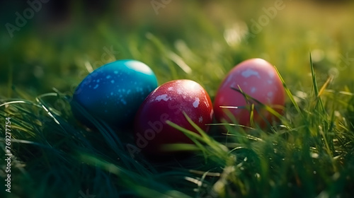 Highlighting the joy of Easter morning by capturing a detailed photo of vibrant Easter eggs resting on the lush green grass, illuminated by the gentle rays of the sunrise.