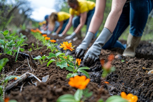 Volunteers work together planting bright orange flowers in rich soil, promoting community involvement and nature conservation