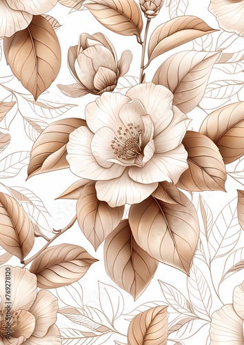 Digital sketch of camellia flower and leaves pattern, light brown line on white