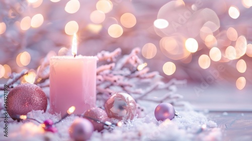 Pink Candles With Decorations, snow decorations ,blur background