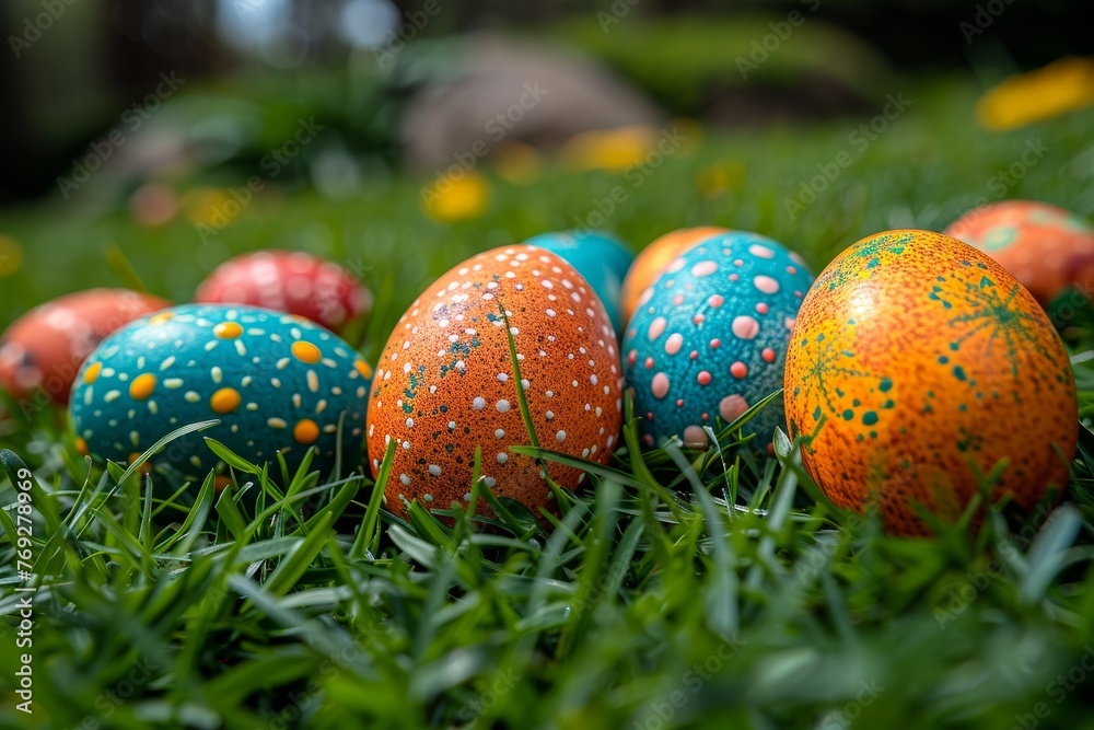A collection of speckled Easter eggs on a lush lawn represents new beginnings and family fun