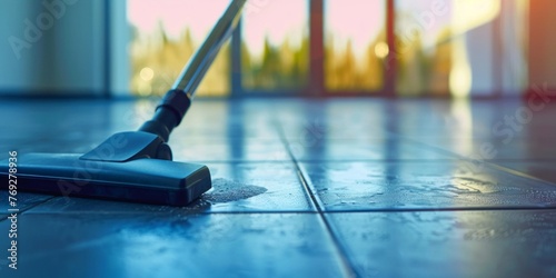 Wallpaper Mural Professional cleaning process using a modern wet vacuum on a reflective blue tiled floor. Torontodigital.ca