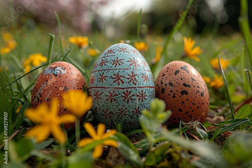 Partially obscured view of Easter eggs with intricate designs hidden among a vibrant field of yellow flowers, suggesting a playful hunt photo