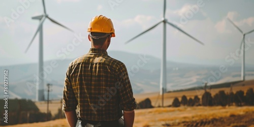 A professional engineer in a hard hat stands contemplating renewable energy wind turbines in a field.