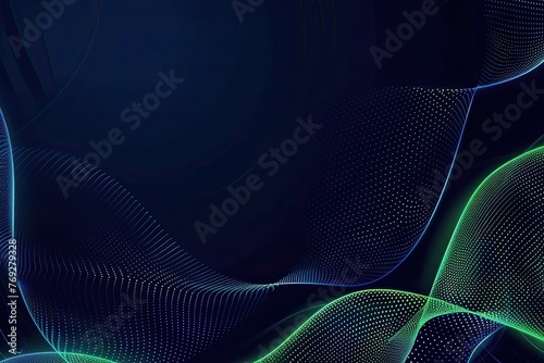Abstract dark blue mesh gradient with glowing green curve lines pattern textured background photo