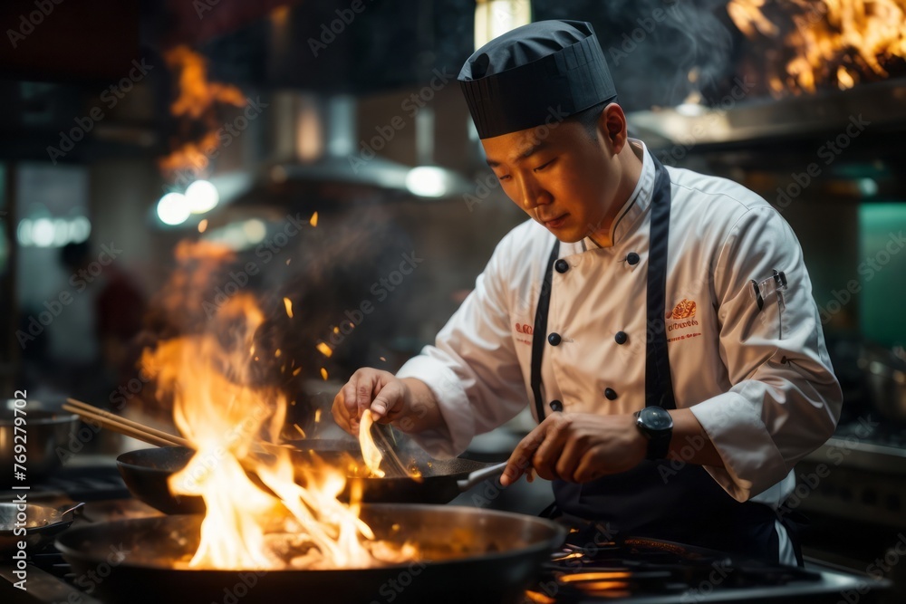 Asian chef cooking in expensive restaurant kitchen Asian chef cooking in expensive restaurant kitchen
