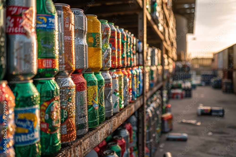 Macro shot of colorful aluminum soda cans arranged on a shelf