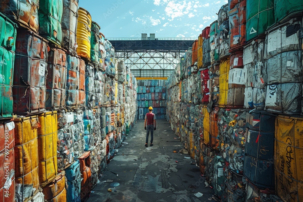 Fototapeta premium A lone figure walks amidst towering stacks of compressed recyclables symbolizing human's impact on environment