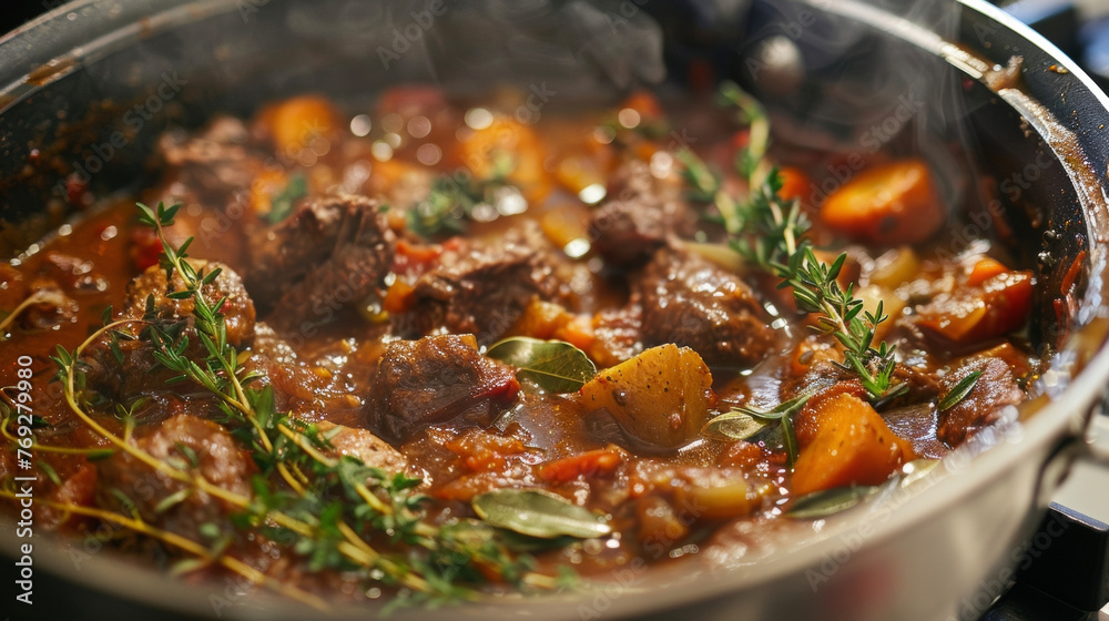 A cooking pot filled with stew and various vegetables simmering on top of a stove. A cooking pot filled with stew and various vegetables simmering on top of a stove.