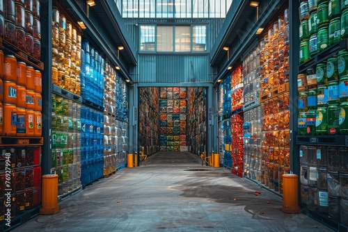 A modern covered walkway framed by translucent walls made of sorted colorful plastic bottles