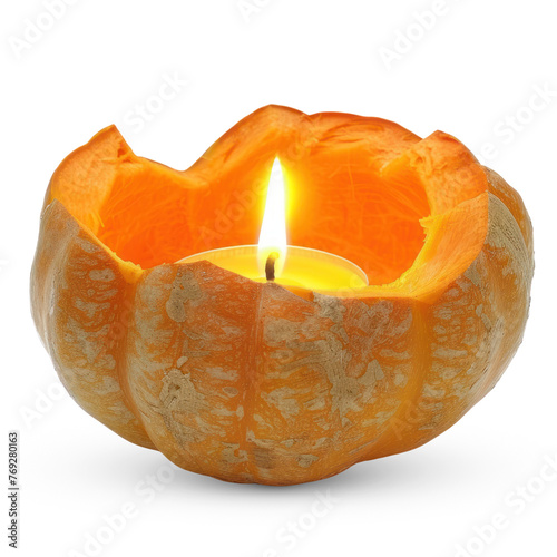 A carved pumpkin with a glowing candle inside isolated on transparent background