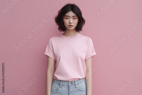 A stylish Asian woman, her dark hair neatly combed, confidently models a rosy shirt against a vibrant pink background, exuding a contemporary and chic vibe. Generative AI.