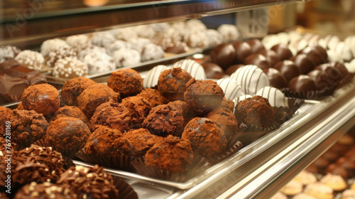A display case filled with various types of chocolates, showcasing a tempting assortment for chocolate lovers.