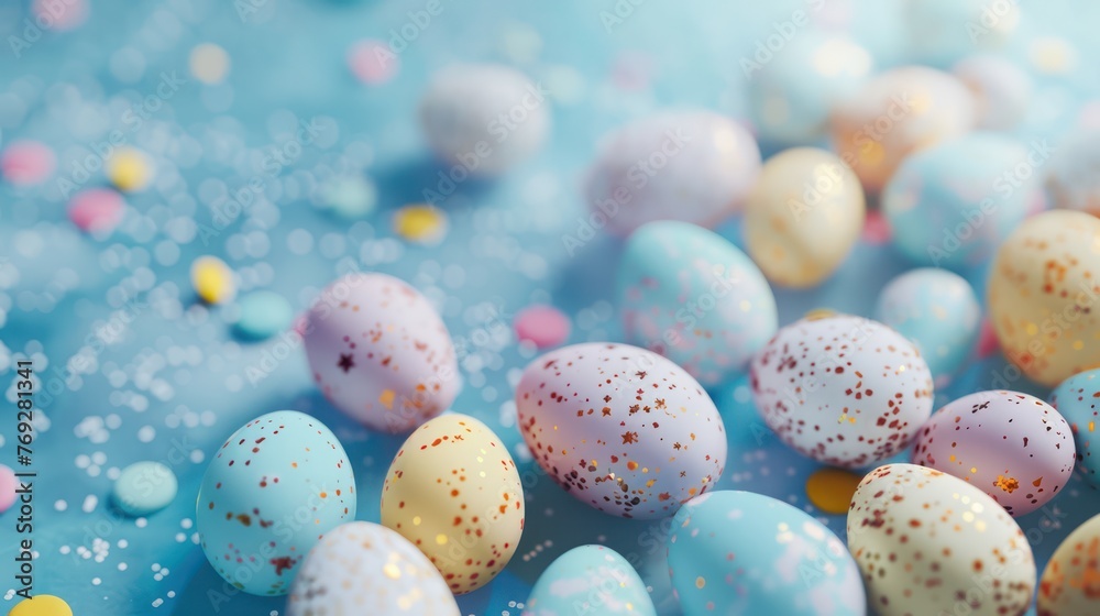 Top view of colorful Easter eggs scattered with copy space. Top view of colorful Easter eggs scattered with copy space.