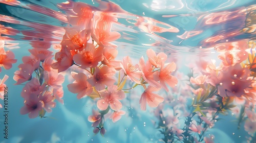 Digital flowers in underwater fantasy scene abstract graphic poster web page PPT background