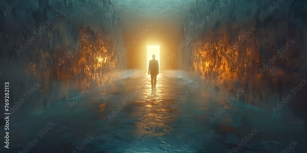 Journey towards success: Man walking towards light at the end of a dark hall with a hole in the wall symbolizing progress. Concept Progress, Ambition, Overcoming obstacles, Determination, Achievement