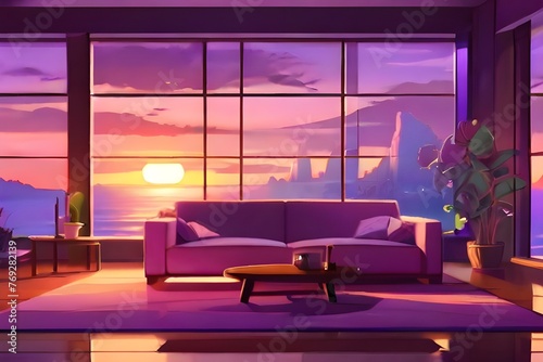 animated virtual backgrounds, stream overlay loop, cozy lo-fi living room purple sunset, vtuber asset twitch zoom OBS screen, anime chill luxury interior Generative AI photo