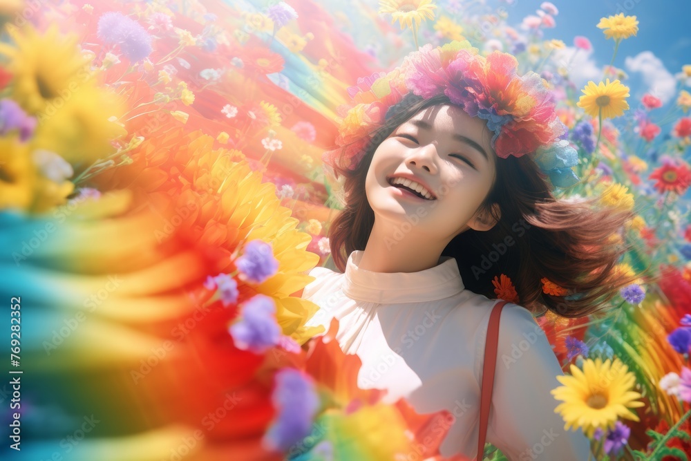 Chic and Vibrant model strikes a pose against a colorful rainbow smoke background, creating a mesmerizing play of light and shadow. Generative AI. Chic and Vibrant model strikes a pose against a colorful rainbow smoke background, creating a mesmerizing play of light and shadow. Generative AI.