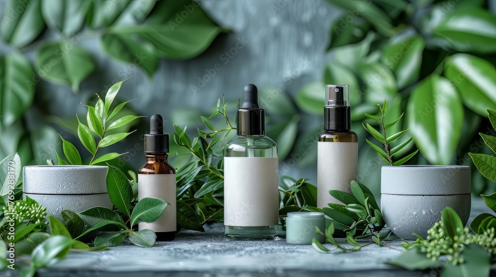 Cosmetic Set of Bottles of Blank Labels for Skin Care Product Cream Mockup Packaging, Shampoo Conditioner on Gray Background with Green Leaves, Pure natural cosmetic products at color background Cosmetic Set of Bottles of Blank Labels for Skin Care Product Cream Mockup Packaging, Shampoo Conditioner on Gray Background with Green Leaves, Pure natural cosmetic products at color background