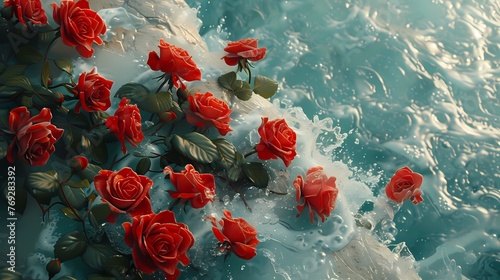 Digital bunch of red roses falling in to the sea abstract graphic poster web page PPT background