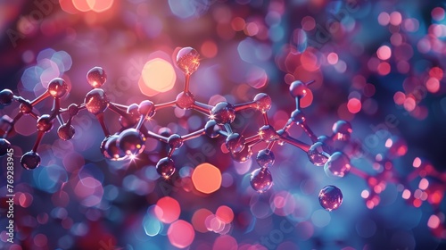 3D illustration of a complex molecular structure with shiny atoms, highlighted by a vivid bokeh effect and sparkling highlights on a blue and red background.