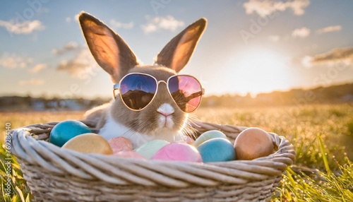 cool easter bunny with sunglasses chilling in basket with colorfully painted eggs