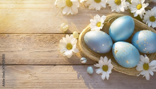 happy easter background with blue painted easter eggs white flowers on wood background