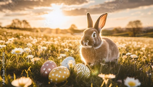 adorable bunny with easter eggs in flowery meadow © Kristopher